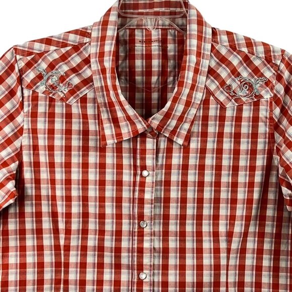 Bit & Bridle Western Plaid Short Sleeve Shirt Women's L Embroidery Pearl Snap - Picture 1 of 13